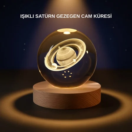 Satürn Desenli Kristal Küre LED Gece Lambası Ahşap Standlı - Lisinya