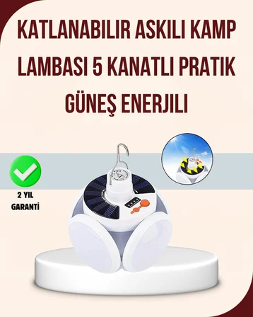 Güneş Enerjili USB Şarj Edilebilir 5 Modlu Katlanabilir LED Kamp Işığı - Lisinya