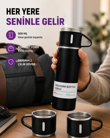 Çelik Termos Bardak Seti | 500 ml Kapasite, Kaymaz Taban, Hediye Kutulu - Lisinya