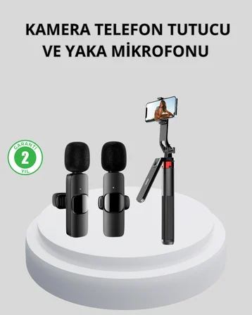 Kablosuz Çift Yaka Mikrofonu ve Tripodlu Selfie Çubuğu İçerik Üretici Seti - Lisinya