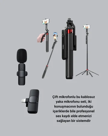 Kablosuz Çift Yaka Mikrofonu ve Tripodlu Selfie Çubuğu İçerik Üretici Seti - Lisinya