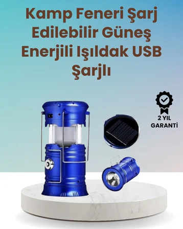Şarj Edilebilir Güneş Enerjili Kızaklı Kamp Feneri – USB Çıkışlı, Katlanabilir, Dayanıklı ve Çok Fon