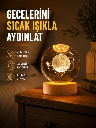 Ahşap Standlı Sarı Işıklı Dekoratif Küre Kız Figürü Tasarım - Lisinya