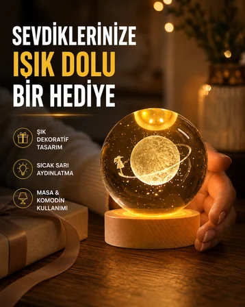 Ahşap Standlı Sarı Işıklı Dekoratif Küre Kız Figürü Tasarım - Lisinya