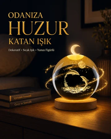 Yunus Temalı Kristal Küre USB Işıklı Ahşap Altlıklı Gece Lambası - Lisinya