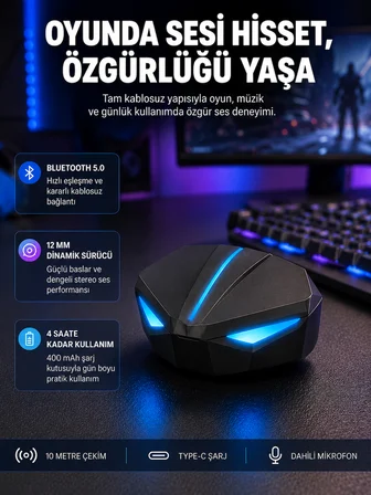 Tam Kablosuz Oyuncu Kulaklığı 5.0 Bluetooth LED Kontrollü Yeni Nesil - Lisinya