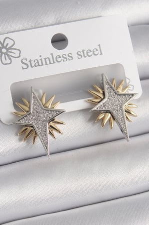 Pirinç Gold Gümüş Renk Zirkon Taşlı Kutup Yılıdız Model Kadın Küpe - Lisinya
