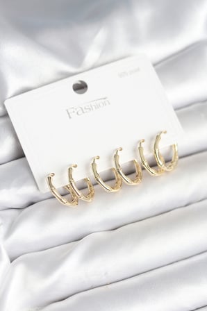 Pirinç Gold Renk Kemik Halka Model 925 Ayar Gümüş Çivili Kadın Küpe Seti - Lisinya