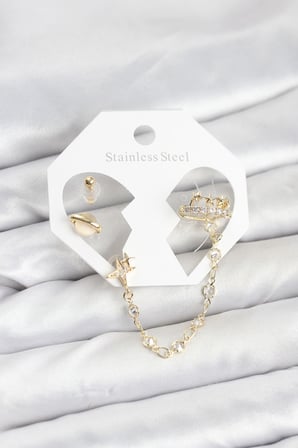 Pirinç Gold Renk Uzay Model Zincir Bağlantılı Ear Cuff Küpe Seti - Lisinya