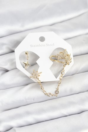 Kutup Yıldızı Model Pirinç Gold Renk Zincir Bağlantılı Ear Cuff Küpe Seti - Lisinya