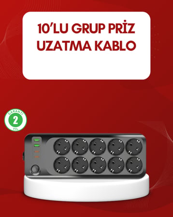 USB Type-C Destekli 10’lu Grup Priz Termal Korumalı 2m Kablo 2500W - Lisinya