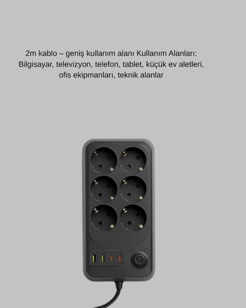 6 Prizli Çoklu Uzatma Kablosu USB Type-C Hızlı Şarj Termal Koruma - Lisinya