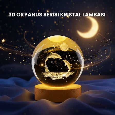 Yunus Figürlü LED Kristal Küre Ahşap Standlı Dekoratif Gece Lambası - Lisinya