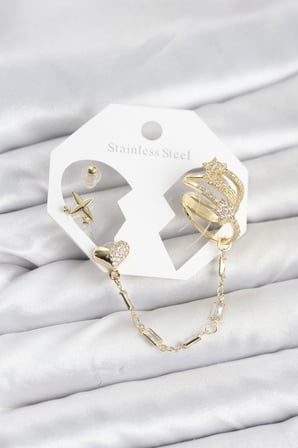 Kalp Yıldız Model Pirinç Gold Renk Zincir Bağlantılı Ear Cuff Küpe Seti - Lisinya