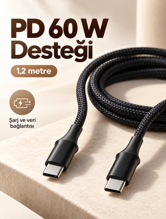 60W PD Hızlı Şarj Destekli LED Göstergeli Type C Kablo - Lisinya