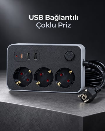 Çalışma Alanlarına Uygun Anahtarlı USB ve Type C Şarj Çıkışlı Kablolu Çoklu Priz - Lisinya