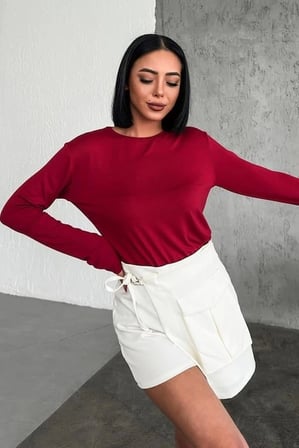 Rahat Ve Şık Uzun Kollu Bisiklet Yaka Likralı Viskon Penye Body Bordo ( Lisinya )