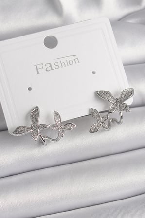 Pirinç Gümüş Renk Zirkon Taşlı Kelebek Model Kadın Küpe - Lisinya