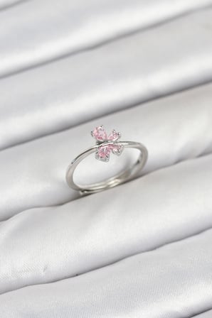 Pirinç Gümüş Renk Pembe Kelebek Kadın Yüzük - Lisinya