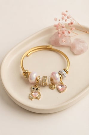 Tedy Bear Model Gold Renk Pembe Charmlı Bileklik - Lisinya