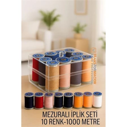 Dikiş İpliği Seti - 10 Renk 1000 Mt Kutulu Mezuralı Dikiş Seti ( Lisinya )