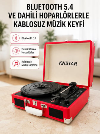 Taşınabilir Bavul Tipi Pikap Bluetooth Özellikli Dahili Hoparlörlü USB ve SD Kart Destekli Kırmızı -