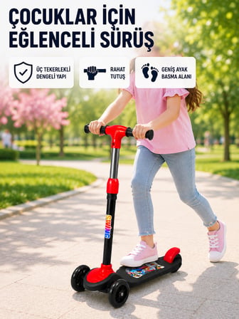 Çocuk Scooterı 3 Tekerlekli Denge Destekli Ayarlanabilir Gidonlu Çocuk Skuteri - Lisinya
