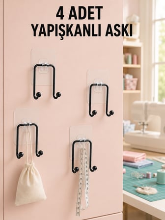 4 Adet Çok Amaçlı Yapışkanlı Askılık Ev Düzenleyici Duvar Askı Seti - Lisinya
