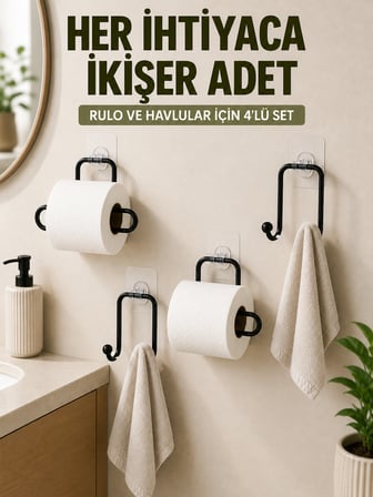 Yapışkanlı Banyo Düzenleme Seti 2 Rulo Tutucu 2 Havlu Askılığı 4 Parça - Lisinya