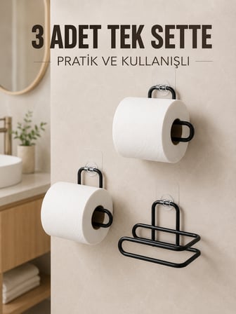3 Adet Siyah Rulo Kağıt Tutucu Yapışkanlı Duvar Tipi Pratik Kağıtlık Seti - Lisinya