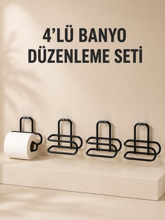 4 Adet Yapışkanlı Tuvalet Kağıdı Askısı Siyah Metal Delmeden Duvara Monte WC Kağıtlık - Lisinya