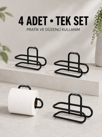 Duvara Yapışkanlı WC Kağıtlık Siyah Metal 4 Adet Tuvalet Kağıdı Rulo Askısı - Lisinya