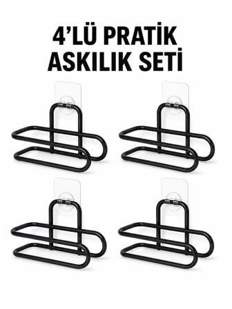 Siyah Metal WC Kağıtlık Yapışkanlı Duvar Tipi Tuvalet Kağıdı Tutucu Seti 4 Adet - Lisinya