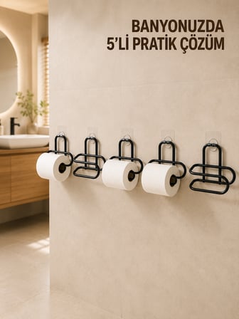 5 Adet Duvara Yapışkanlı WC Kağıtlık Delmeden Montaj Siyah Metal Tuvalet Kağıdı Askısı - Lisinya