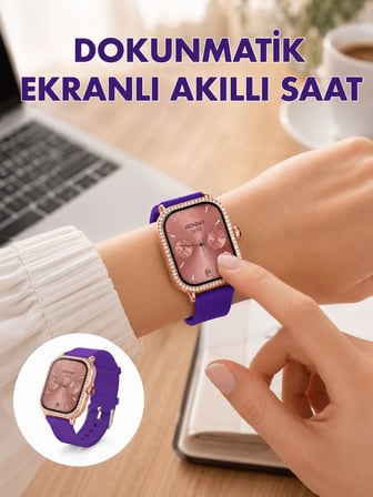 Pembe Mor ve Metal Kordonlu Akıllı Saat Hediye Seti - Lisinya