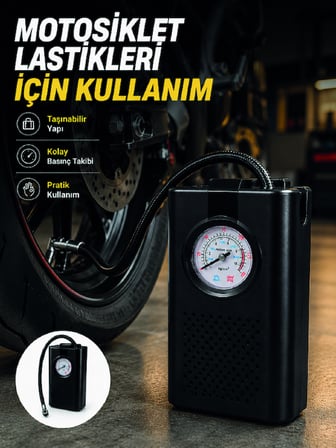 Araç Lastik Şişirme Pompası Taşınabilir Analog Basınç Göstergeli Hava Kompresörü - Lisinya