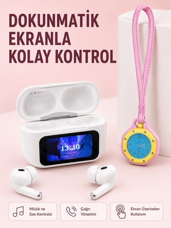 Dokunmatik Ekranlı Kablosuz Kulaklık ve Pembe Çanta Aksesuar Saati Avantajlı Set - Lisinya