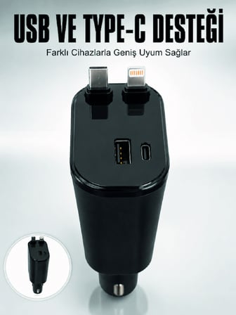 Araç Çakmaklık Şarj Cihazı 120W Type-C & Lightning Kablolu Çoklu Hızlı Şarj İstasyonu - Lisinya