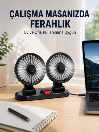 Araç ve Ev Kullanımına Uygun Çift Başlıklı Masaüstü Vantilatör - Lisinya
