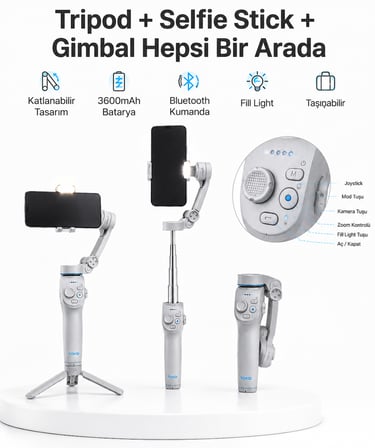3 Eksen Telefon Gimbal Stabilizer Yapay Zeka Takipli Katlanabilir Dahili Dolgu Işıklı Video Sabitley