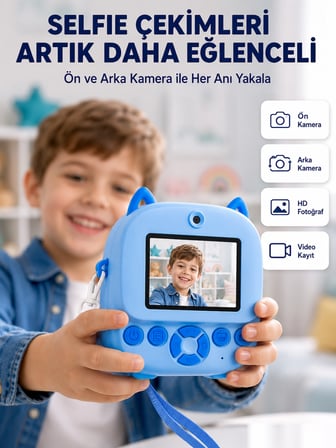 Selfie Özellikli Çocuk Fotoğraf Makinesi Mürekkepsiz Termal Baskı Teknolojisi - Lisinya