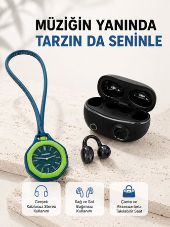 Kablosuz Kulaklık ve Yeşil Askılı Çanta Charm Saat Kampanya Seti Şarj Kutulu Bluetooth Kulaklık - Li