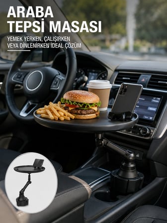 Araç İçi 360° Ayarlanabilir Bardaklık Tepsisi Geniş Yüzeyli ve Telefon Standlı Yeni Nesil - Lisinya