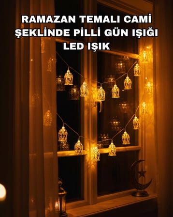 Ev Dekoru İçin Ramazan LED Işık Pilli Sıcak Sarı Cami Figürlü - Lisinya