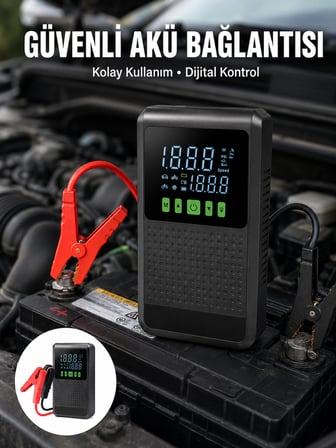 12.000 mAh Şarjlı Araç Akü Takviye ve Işıklı Hava Kompresörü Yeni Nesil - Lisinya