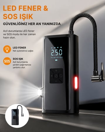 LED Fenerli ve SOS Işıklı Çok Fonksiyonlu Hava Kompresörü Yeni Nesil - Lisinya