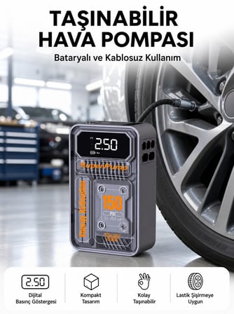 6000mAh Bataryalı LED Ekranlı Akıllı Hava Kompresörü - Lisinya