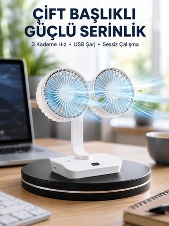 Sessiz Çalışan USB Şarjlı Çift Kafalı Masaüstü Fan – Ev ve Ofis İçin - Lisinya