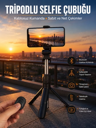 Selfie Çubuğu Tripod Kumandalı Telefon Tutucu Siyah - Lisinya