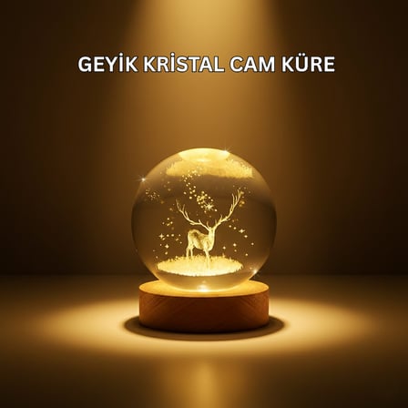 USB Bağlantılı Geyik Temalı Kristal Küre Premium Masa Gece Lambası - Lisinya